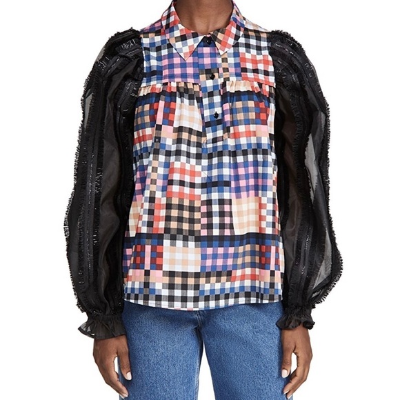 Munthe Lima Check Poplin Flocked Long Sleeve Plaid Metallic Blouse Casual Work - Picture 2 of 9